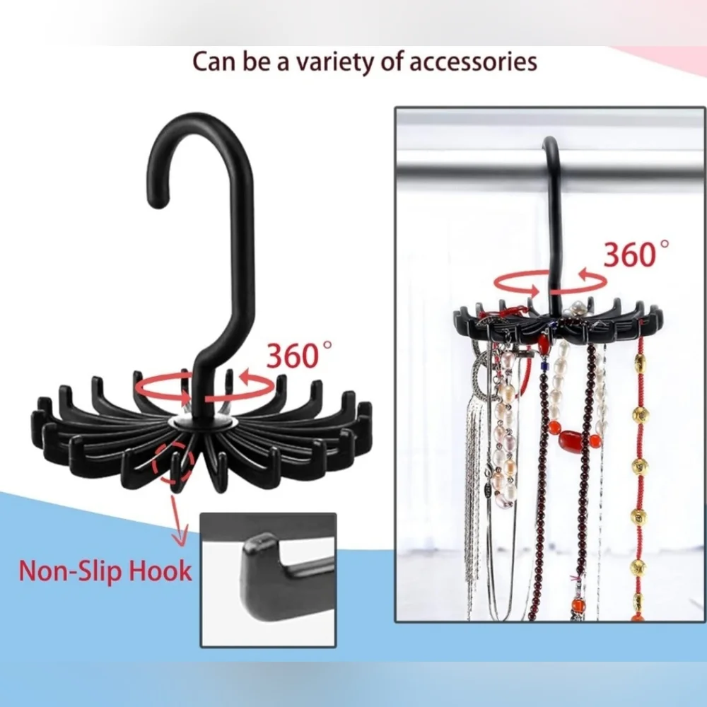 2 Rotaing Hanger Holds 20 Necklace Scarf Tie Storage Rack Organizer Black
